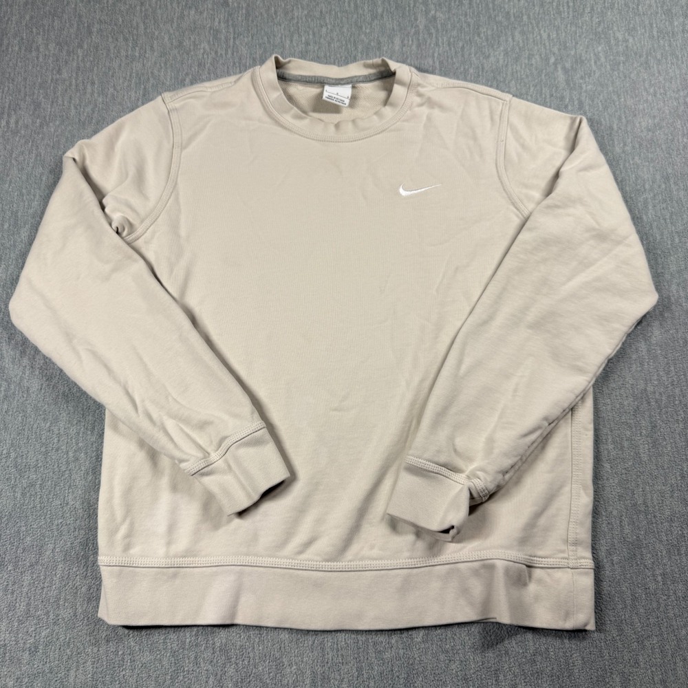 Nike Sweatshirt Mens L Beige Club Fleece Swoosh Crewneck Pullover Athletic Cozy